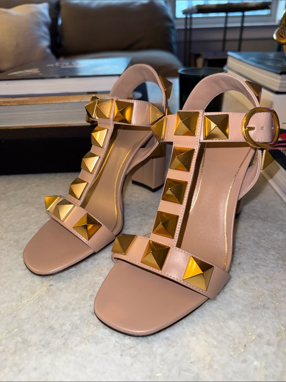 Valentino Studded Block Heel Sandals in Blush with Gold Accents Sz 37
